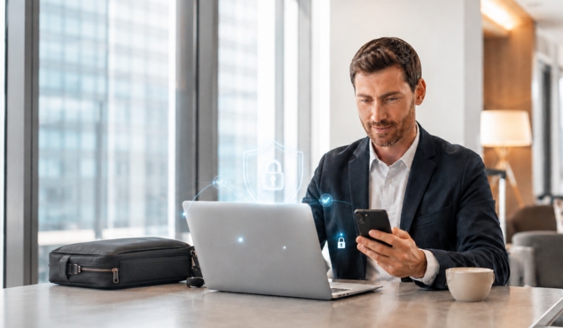 Professional working remotely with secure virtual desktop access